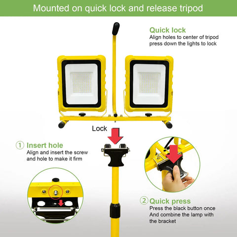 Beastly Bright 25,000 Lumen Dual Head Led Work Light With Stand and lock mechanism, showcasing insertion and release steps.