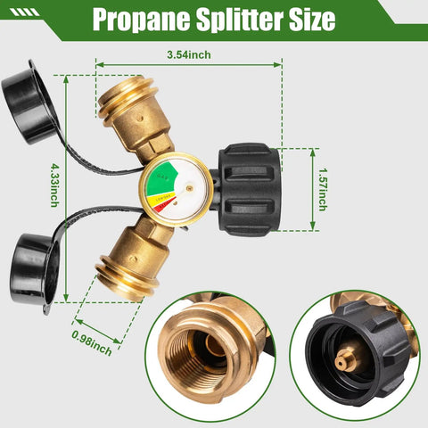 Propane Tank Splitter With Gauge 2 Way Y Adapter With Shut Off Valve showing dimensions and brass construction details