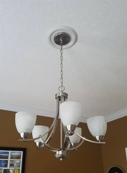 Farmhouse 24 Inch Five Light Chandelier With Clear Glass Shades, Adjustable Chain, Smoked Birch Finish, Large Rustic Ceiling Light