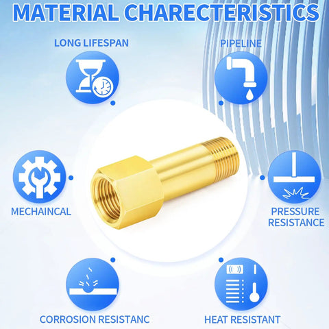 Brass Pipe Fitting Long Nipple One Quarter Inch NPT Male By One Quarter Inch NPT Female Two Inch Length Two Pack Durable Corrosion Resistant Plumbing Connector For Home And Pro Use with material characteristics illustration