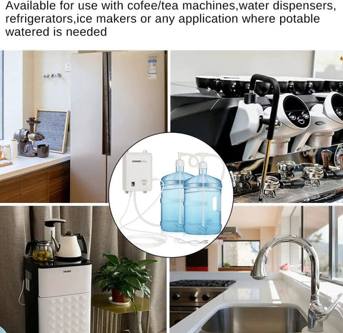 High Flow Bottled Water Dispenser Pump System With Dual Inlet For 5 Gallon Jugs, 110V US Plug, shown in various home kitchen setups