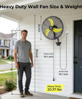 Outdoor Oscillating Wall Mount Fan With Remote, 24 Inch, displayed on porch with size measurements and weight of 20.37 lbs