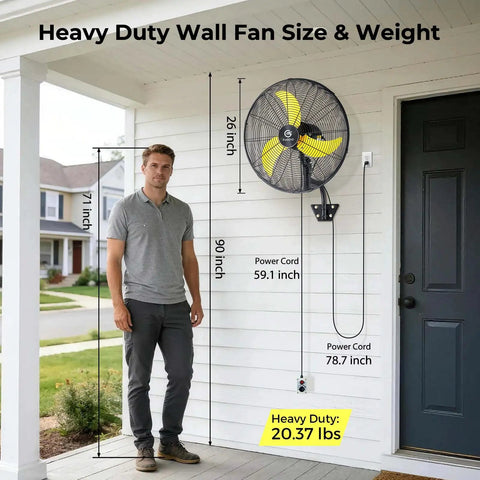 Outdoor Oscillating Wall Mount Fan With Remote, 24 Inch, displayed on porch with size measurements and weight of 20.37 lbs
