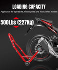 Rear Combo Motorcycle Stand With Wheel Lift 500 Lb Capacity Swingarm Paddock Stands For Sport Bikes Fits Yamaha Honda Kawasaki Beefy Steel Construction shown lifting rear of sport bike