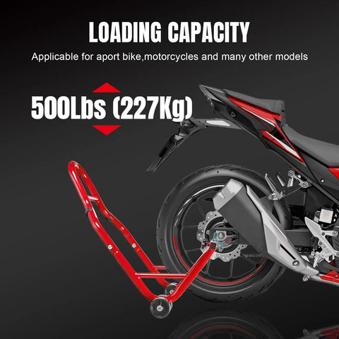 Rear Combo Motorcycle Stand With Wheel Lift 500 Lb Capacity Swingarm Paddock Stands For Sport Bikes Fits Yamaha Honda Kawasaki Beefy Steel Construction shown lifting rear of sport bike