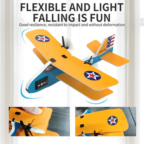Retro Biplane RC Plane For Kids And Adults With Two Point Four GHz Remote Control Auto Balance Gyro displayed in orange and blue