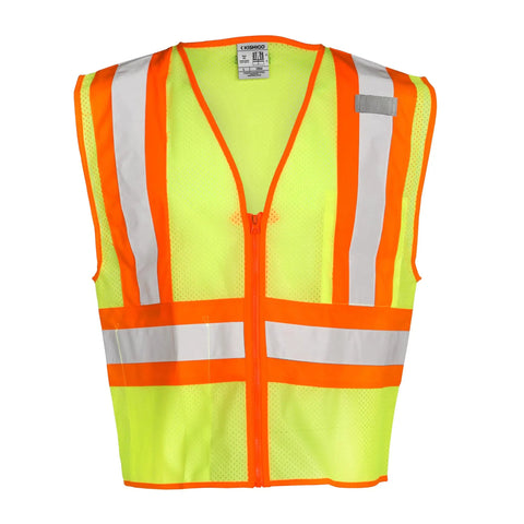 Mens High Visibility Reflective Mesh Vest With Zipper Closure And ANSI 107 Type R Class 2 Rating Orange 2X front view with bright stripes