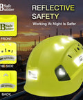 Fluorescent yellow Six Point Suspension Work Hard Hat with Ventilated Design, reflective safety stickers, night work ready.