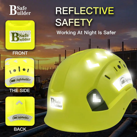 Fluorescent yellow Six Point Suspension Work Hard Hat with Ventilated Design, reflective safety stickers, night work ready.