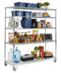 Heavy-Duty 5 Tier Rolling Metal Shelving Unit With Pneumatic Wheels, Adjustable Industrial Wire Storage Rack For Garage Warehouse No Tools Required filled with kitchen items and storage bins.
