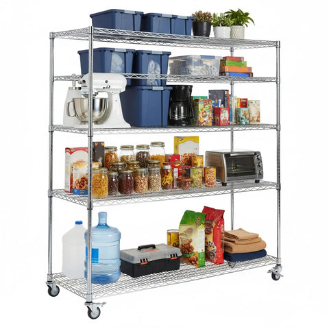 Heavy Duty Five Tier Metal Wire Shelving Rack With Smooth Rolling Caster Wheels And Zero Hassle Tool Free Setup For Ultimate Garage Storage And High Capacity Organizing Systems filled with storage containers and kitchen items.