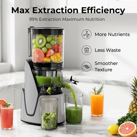 EanOruus 3-in-1 Cold Press Juicer With Huge 6.5 Inch Wide Chute And 100 Oz Tank for fresh juice, nut milk, and sorbet with fruits.