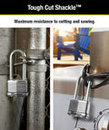 Heavy Duty Outdoor Padlock With Key 4 Pack Keyed-Alike Dual Armor Laminated Steel Body Wrapped In Stainless Steel And Zinc Tough Cut Octagonal Shackle Perfect For Fences Outdoor Storage Sheds Tool Boxes securing fences and storage.
