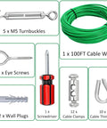 100ft Green PVC Coated Wire Rope Kit with components: cable, turnbuckles, eye screws, screwdriver, clamps, thimbles, wall plugs.