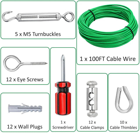 100ft Green PVC Coated Wire Rope Kit with components: cable, turnbuckles, eye screws, screwdriver, clamps, thimbles, wall plugs.