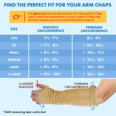 Size guide for Heavy Duty Genuine Cowhide Arm Chaps And Rugged Protective Work Sleeves for outdoor job fit measurements.
