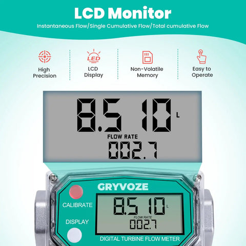 Three Quarter Inch Digital Turbine Flow Meter For Diesel Gas Oil Gasoline And Other Liquids Inline NPT Male Fitting display