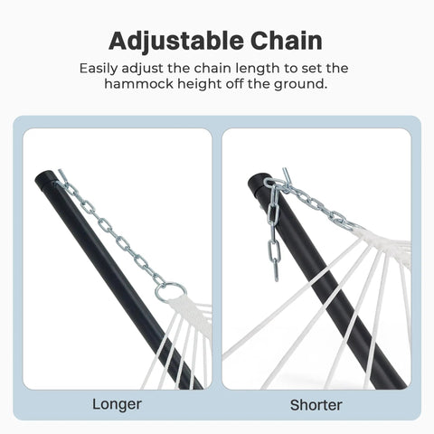 Adjustable chain showing hammock height customization for Two Person Quilted Outdoor Hammock With Stand Detachable Pillow And Bamboo Spreaders Portable Hammock With Carrying Bag Heavy Duty Frame Perfect For Yard Patio Or Outdoor Chill Dark Cyan.
