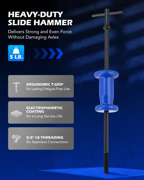 Heavy-duty 5 lb slide hammer from All In One Slide Hammer Puller Kit DIY Ready 22 Piece front view with ergonomic T-grip.