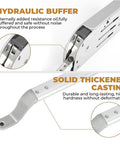 Close-up of smooth operating cabinet lift up hinge with hydraulic buffer for quiet no squeak opening, aluminum alloy construction
