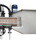 Automatic Desktop Conveyor Labeler For Round Bottles High Speed 110 Volt Label Applicator Featuring No Sweat Setup, overhead view showing belt and clamps.