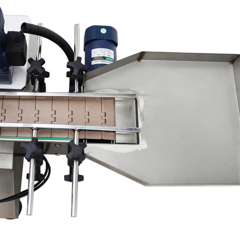 Automatic Desktop Conveyor Labeler For Round Bottles High Speed 110 Volt Label Applicator Featuring No Sweat Setup, overhead view showing belt and clamps.