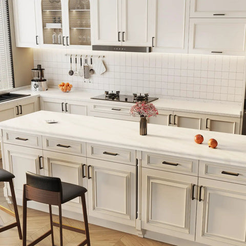 Modern kitchen with 30 Pack Black Square Bar Cabinet Pulls Stainless Steel Modern Hardware For Kitchen And Bathroom Cabinets Center To Center Six And A Quarter Inch Hollow Lightweight Durable Cupboard Handles on white cabinets.