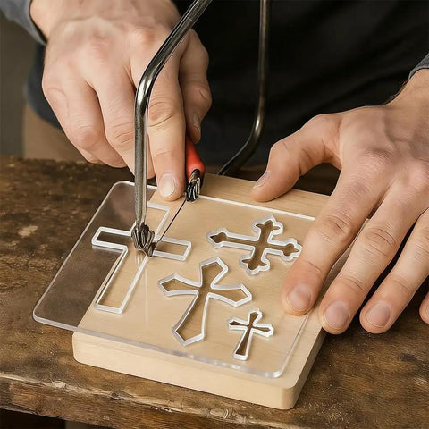 Super Sleek Acrylic Router Template For Woodworking And Charcuterie Boards Killer Cross Inlay Pattern Heavy Duty Routing Guide in use.