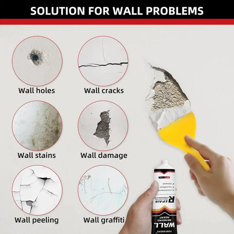 Visual showing All In One Drywall Repair Kit For Quick Holes And Cracks Patch Putty For Walls Nail Hole Filler in use on wall damage.