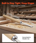 Wood lathe turning chisel with wooden handle and metal blade; front view with 9.25 in handle and 4.8 in blade.