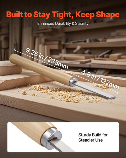 Wood lathe turning chisel with wooden handle and metal blade; front view with 9.25 in handle and 4.8 in blade.
