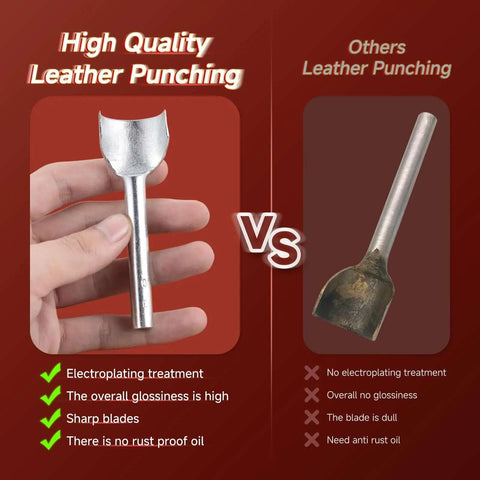 Comparison of high-quality arc-shaped half-round punch tool vs inferior tool for leather craft projects, highlighting glossiness and sharpness.