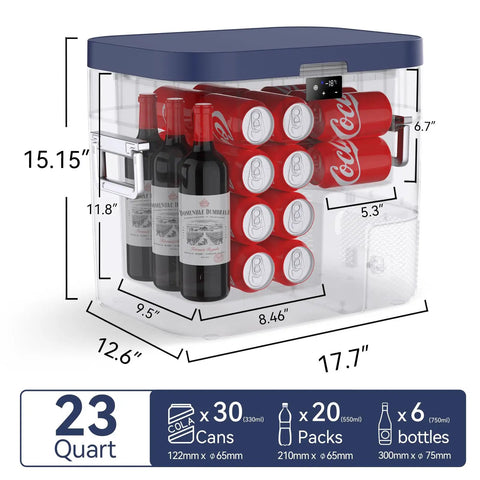Go To Portable Car Refrigerator And Travel Cooler 23 Quart Compressor Freezer with wine bottles and soda cans inside
