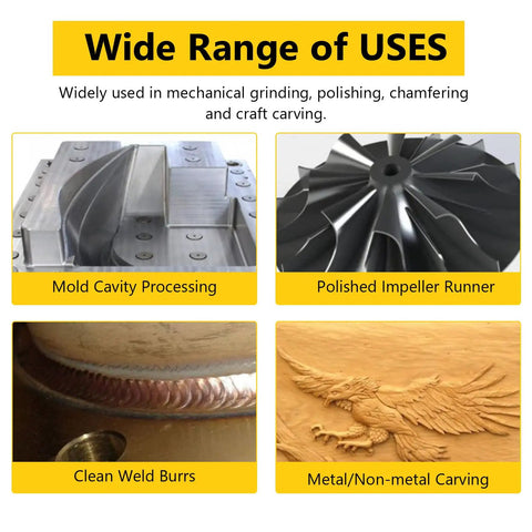Wide range of uses for 6pcs 6mm Shank Tungsten Carbide Rotary Burr Set in die grinder applications, showcasing processed materials.