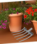 Heavy Duty Steel Fork Head For Soil Turning And Loosening, Pitch Fork Tooth Tool near potted plants on wooden deck