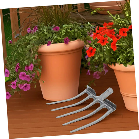 Heavy Duty Steel Fork Head For Soil Turning And Loosening, Pitch Fork Tooth Tool near potted plants on wooden deck