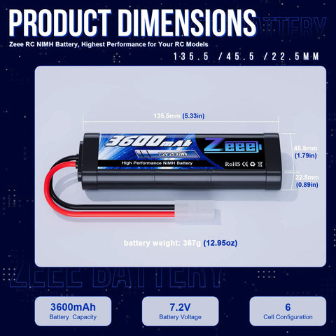 Image of 7.2V NiMH 3600mAh RC Battery with Tamiya Connector for RC cars, dimensions and specifications shown.