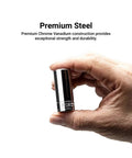 Hand holding Quarter Inch Drive 12 Point Socket Set Deep And Shallow SAE Three Sixteenths To Nine Sixteenths Inch Pro Grade Chrome Vanadium