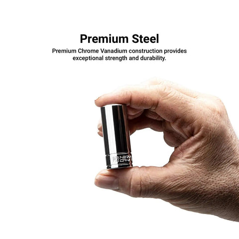 Hand holding Quarter Inch Drive 12 Point Socket Set Deep And Shallow SAE Three Sixteenths To Nine Sixteenths Inch Pro Grade Chrome Vanadium