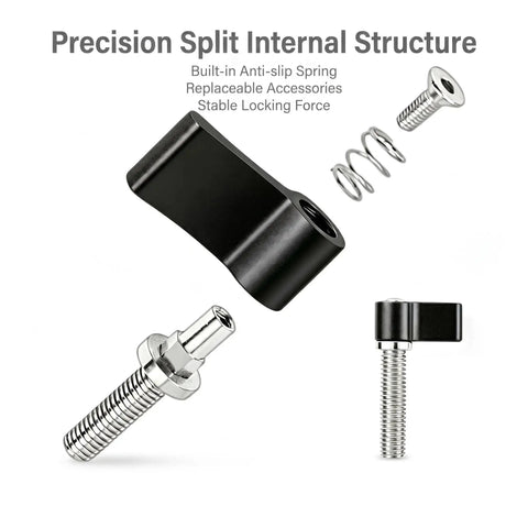 Heavy Duty L Handle Thumb Screw Kit 6 Pack M5 And M6 Camera Screws with aluminum knob and internal components displayed.