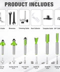 WORKPRO compact router kit with six accessories and six green router bits.