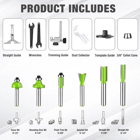 WORKPRO compact router kit with six accessories and six green router bits.