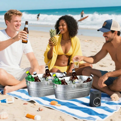 Two Pack Galvanized Tub Ice Buckets Set Of Two Large Metal Beverage Buckets With Carry Handles At Beach Party