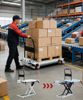 No Sweat Hydraulic Scissor Lift Platform And Portable Flatbed Dolly With Four Heavy Duty Swivel Wheels Built For Easy Shop Tasks And Smooth Transport Up To 440 Pound Capacity in a warehouse setting with boxes.