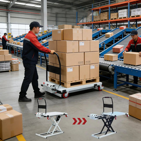No Sweat Hydraulic Scissor Lift Platform And Portable Flatbed Dolly With Four Heavy Duty Swivel Wheels Built For Easy Shop Tasks And Smooth Transport Up To 440 Pound Capacity in a warehouse setting with boxes.