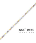Basics 200 LED Tape Light 24V 3000K Warm White, close-up of LED strip with diode detail, 16.4ft roll shown in focus.