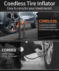 Comparison of a 150 PSI Cordless Air Compressor And Tire Inflator with a corded inflator next to a car tire