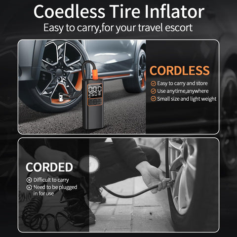 Comparison of a 150 PSI Cordless Air Compressor And Tire Inflator with a corded inflator next to a car tire