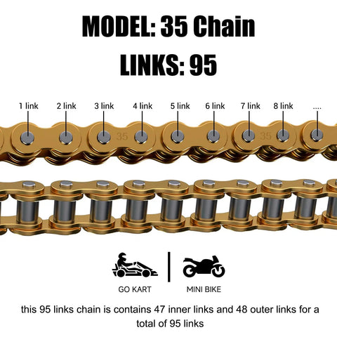 Go Kart Chain 95 Links Replacement Kit Beefed Up 3 Feet with detailed diagram showing link structure for go karts and mini bikes
