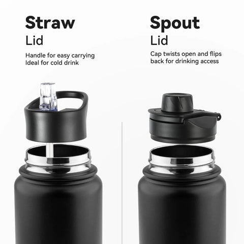 Straw and spout lids for 24oz Insulated Water Bottle Built Tough With Premium Stainless Steel And Double Wall Vacuum.